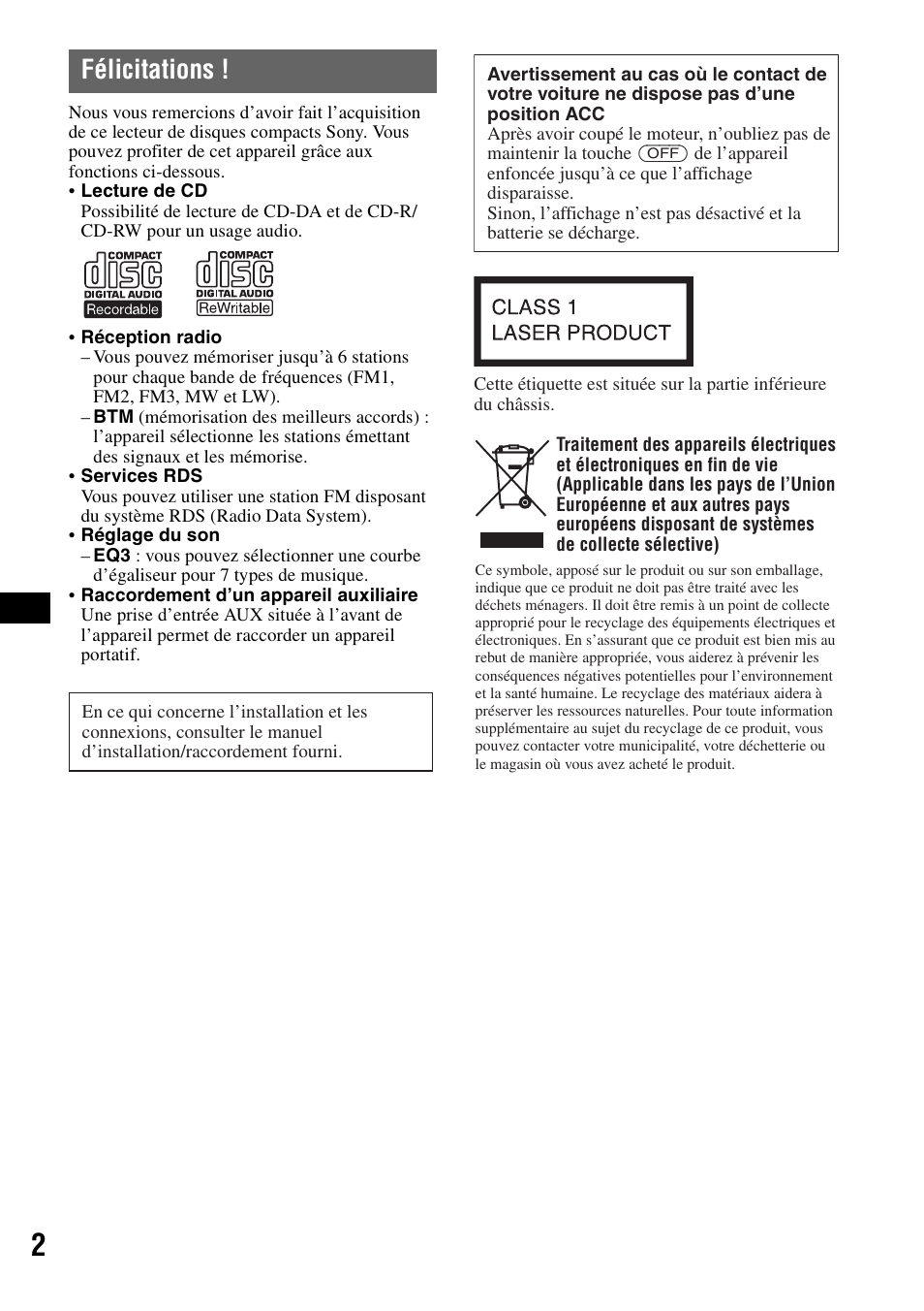 Félicitations | Sony CDX-GT100 User Manual | Page 28 / 72