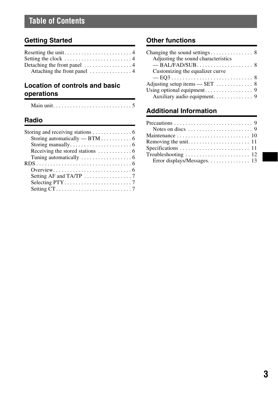 Sony CDX-GT100 User Manual | Page 3 / 72