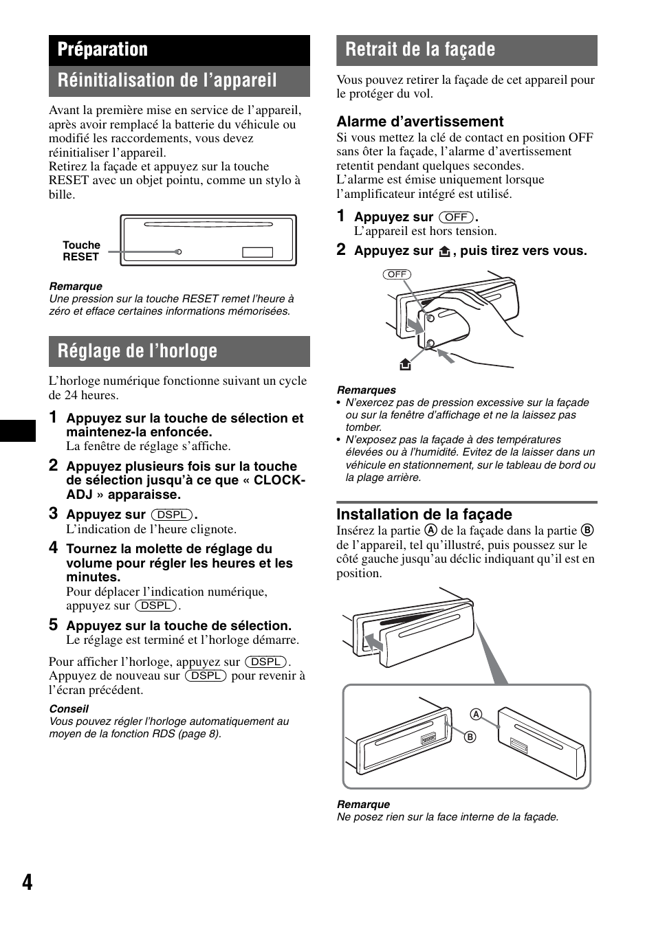 Préparation, Réinitialisation de l’appareil, Réglage de l’horloge | Retrait de la façade, Installation de la façade, Préparation réinitialisation de l’appareil | Sony CDX-GT100 User Manual | Page 30 / 72
