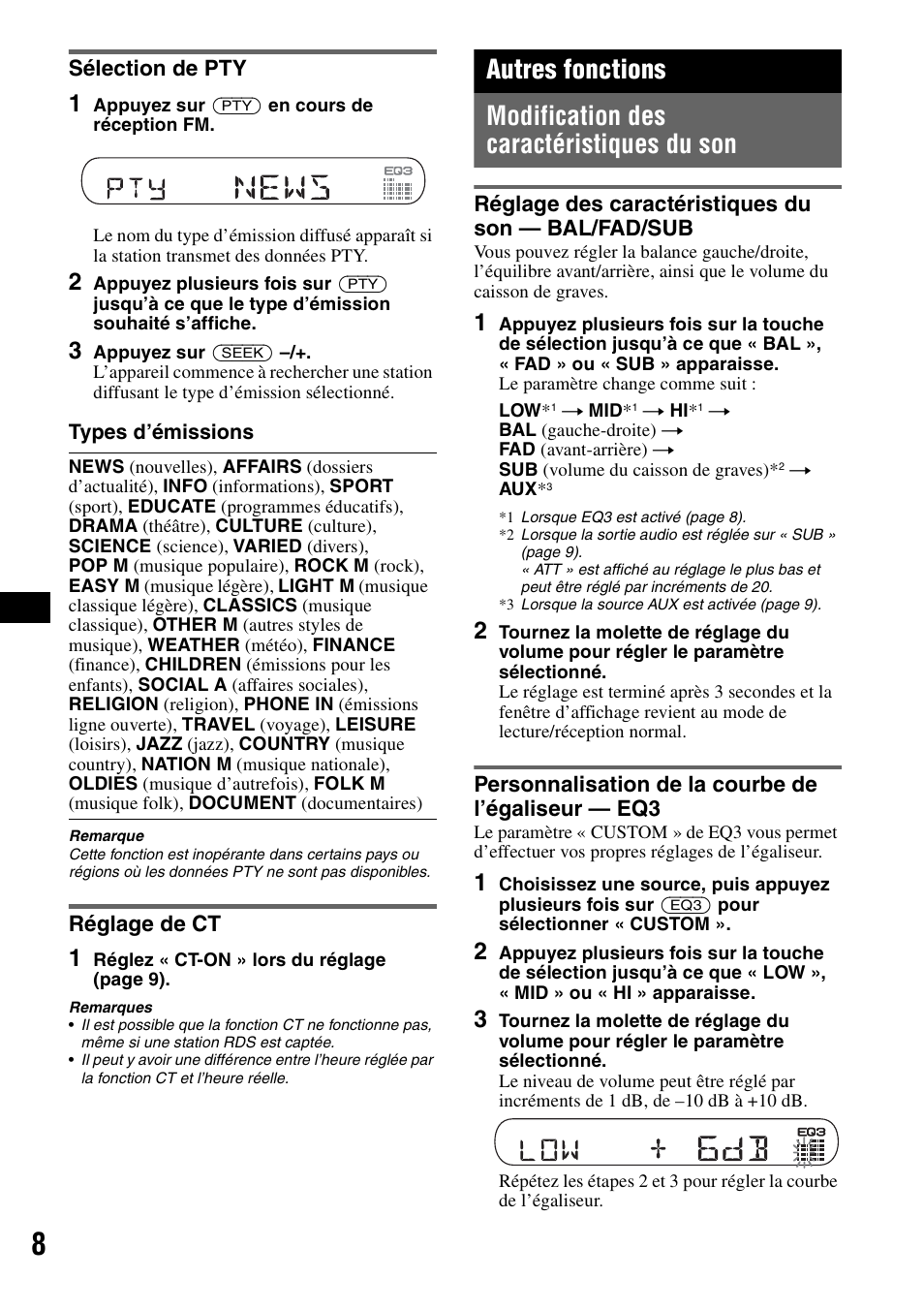 Sélection de pty, Réglage de ct, Autres fonctions | Modification des caractéristiques du son, Réglage des caractéristiques du son - bal/fad/sub, Personnalisation de la courbe de l’égaliseur - eq3, Sélection de pty réglage de ct, Réglage des caractéristiques du son | Sony CDX-GT100 User Manual | Page 34 / 72