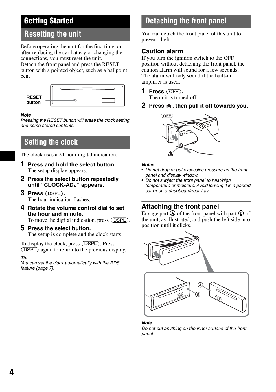 Getting started, Resetting the unit, Setting the clock | Detaching the front panel, Attaching the front panel, Getting started resetting the unit | Sony CDX-GT100 User Manual | Page 4 / 72