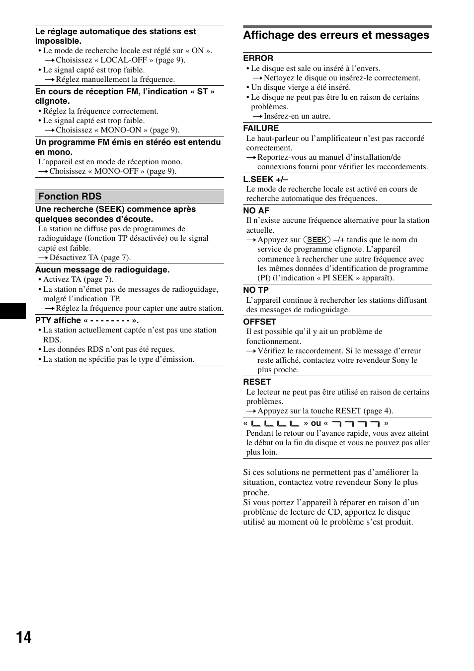 Affichage des erreurs et messages | Sony CDX-GT100 User Manual | Page 40 / 72