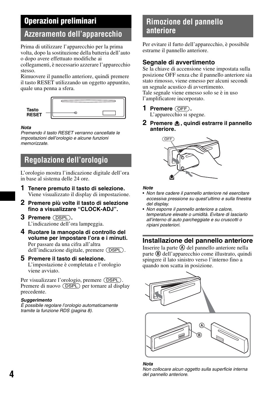 Operazioni preliminari, Azzeramento dell’apparecchio, Regolazione dell’orologio | Rimozione del pannello anteriore, Installazione del pannello anteriore | Sony CDX-GT100 User Manual | Page 44 / 72
