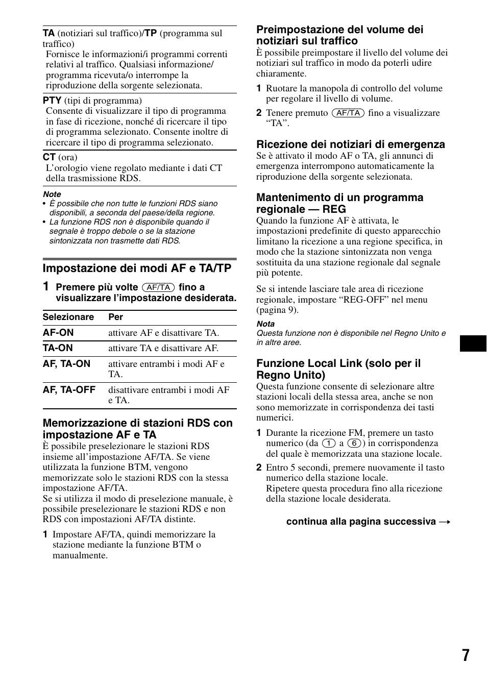 Impostazione dei modi af e ta/tp | Sony CDX-GT100 User Manual | Page 47 / 72