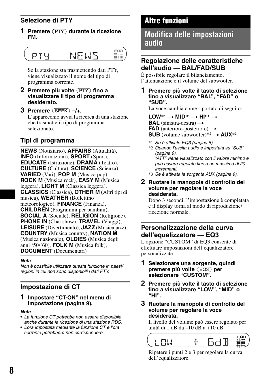 Selezione di pty, Impostazione di ct, Altre funzioni | Modifica delle impostazioni audio, Selezione di pty impostazione di ct, Regolazione delle caratteristiche dell’audio, Altre funzioni modifica delle impostazioni audio | Sony CDX-GT100 User Manual | Page 48 / 72