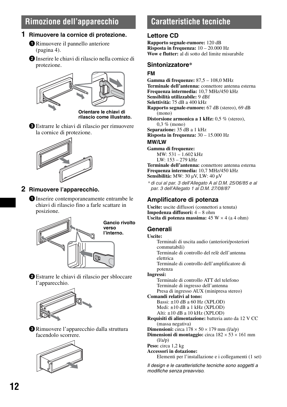 Rimozione dell’apparecchio, Caratteristiche tecniche | Sony CDX-GT100 User Manual | Page 52 / 72