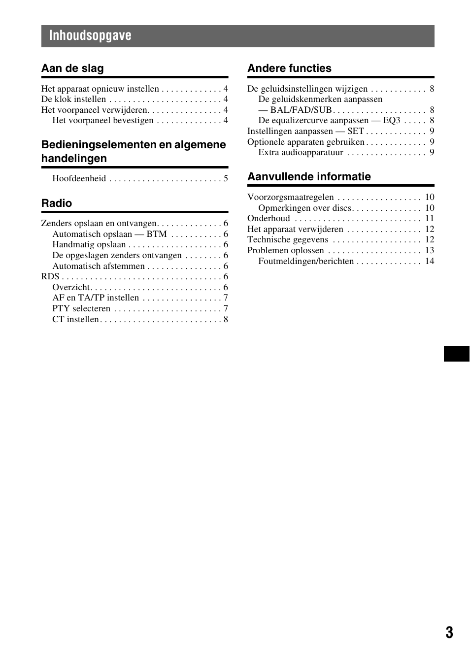 Inhoudsopgave | Sony CDX-GT100 User Manual | Page 57 / 72