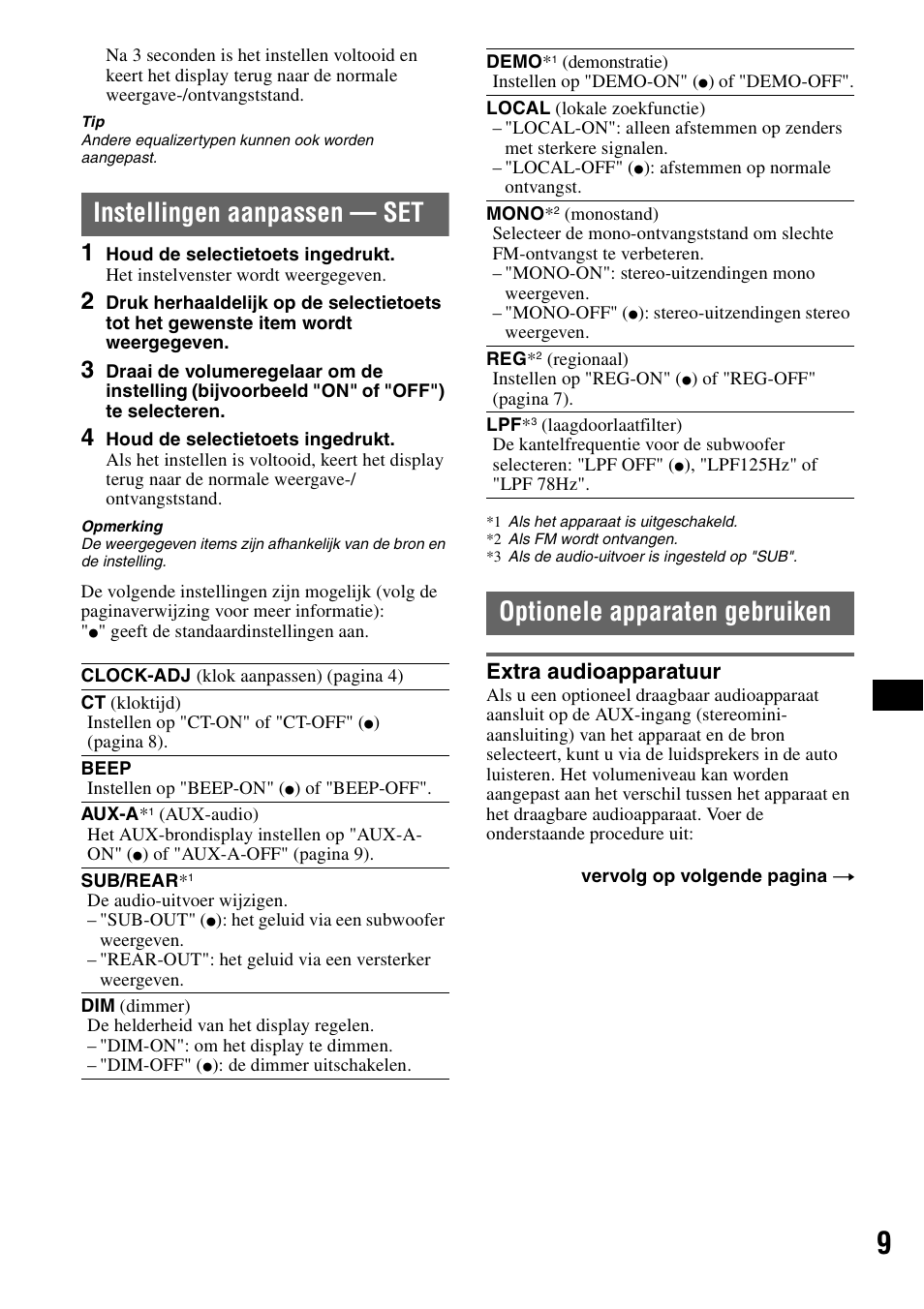 Instellingen aanpassen - set, Optionele apparaten gebruiken, Extra audioapparatuur | Instellingen aanpassen — set | Sony CDX-GT100 User Manual | Page 63 / 72