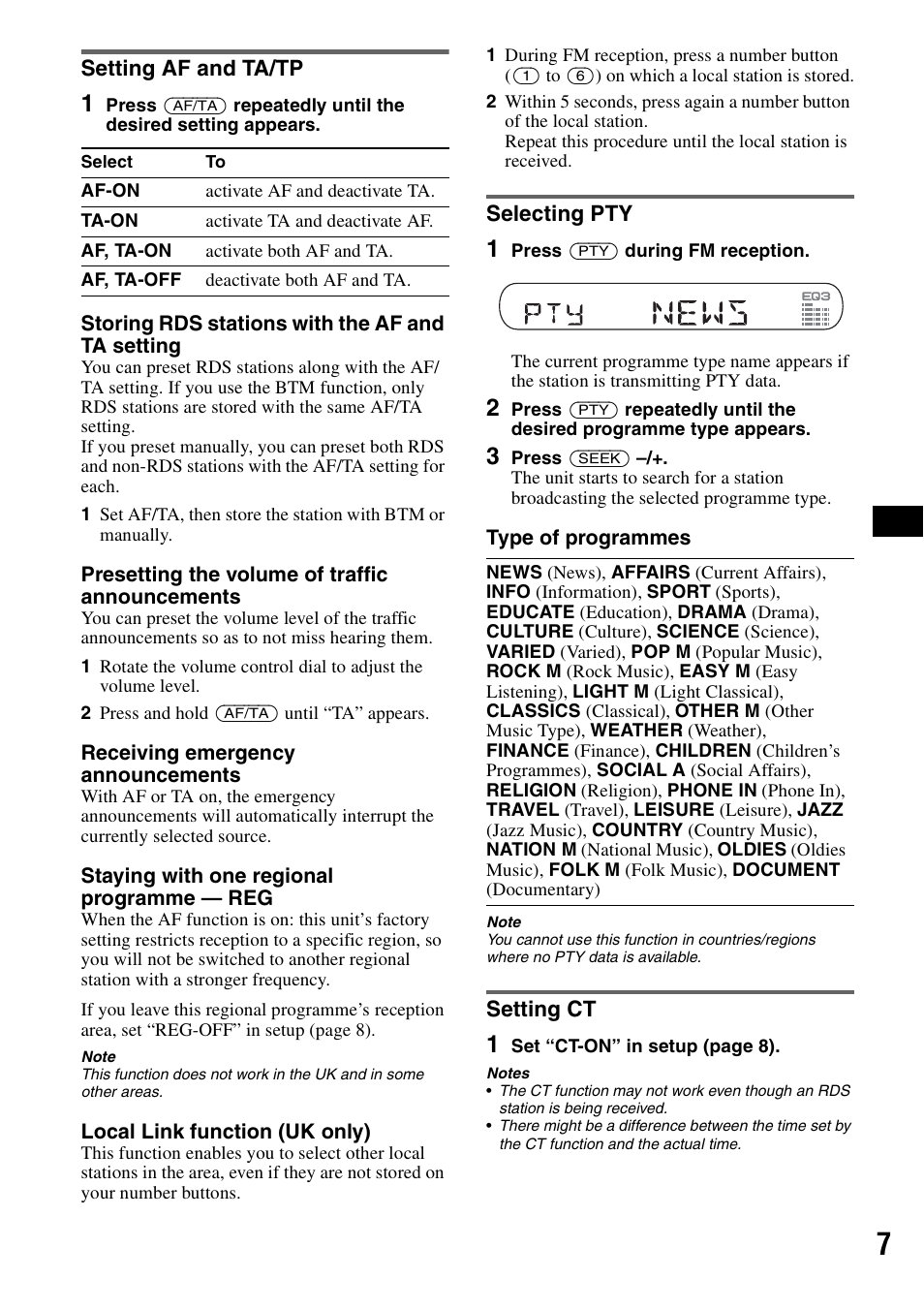 Setting af and ta/tp, Selecting pty, Setting ct | Setting af and ta/tp selecting pty setting ct, On 7 | Sony CDX-GT100 User Manual | Page 7 / 72