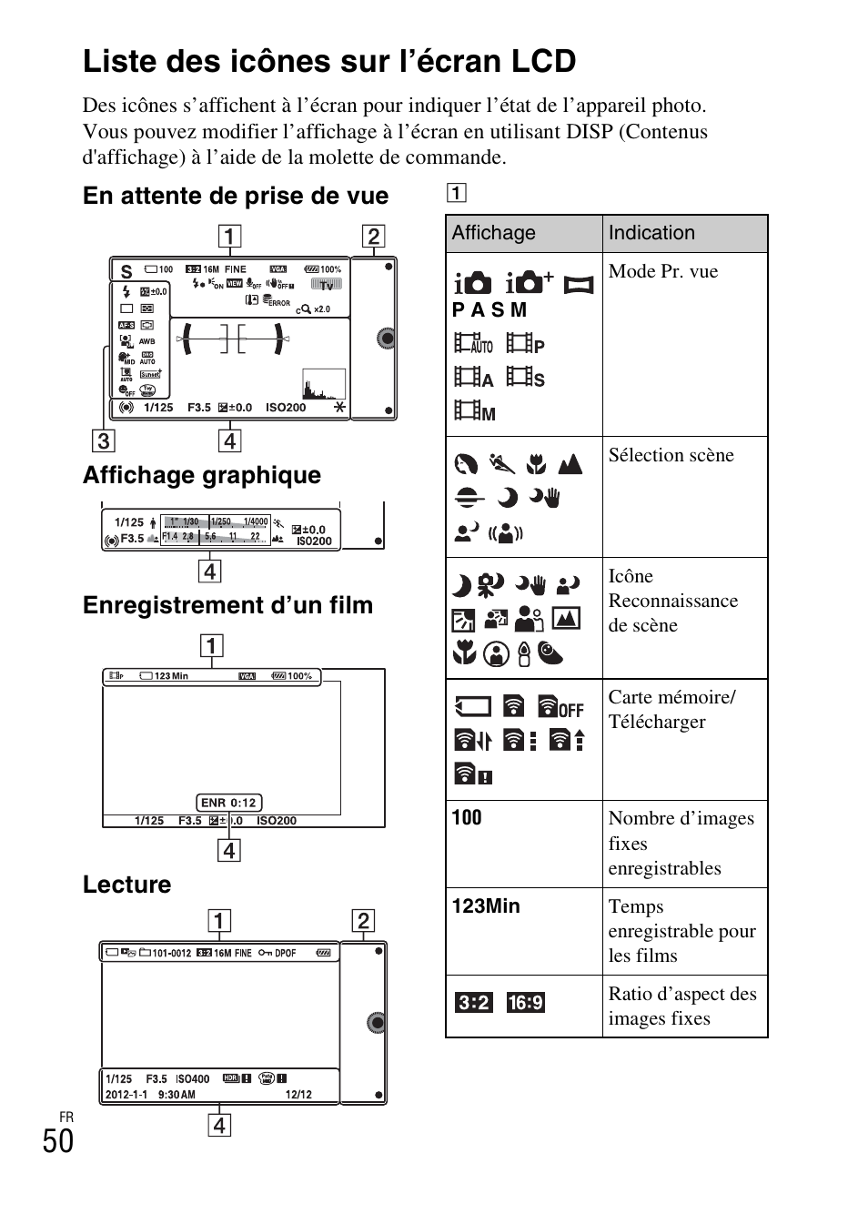 Liste des icônes sur l’écran lcd, 50 liste des icônes sur l’écran lcd | Sony NEX-6L User Manual | Page 112 / 627