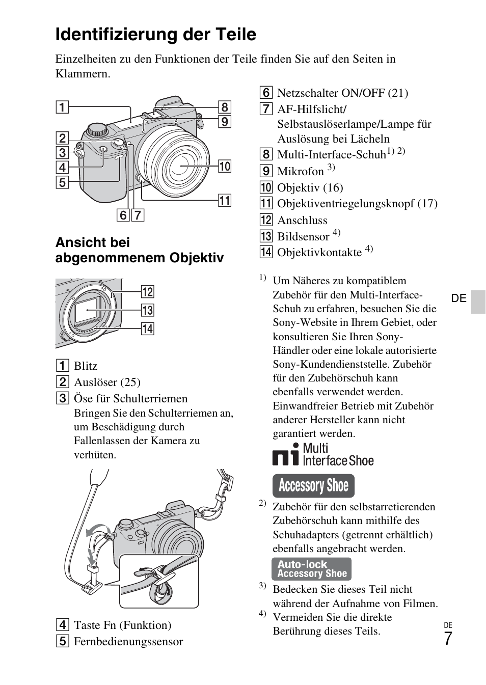 Identifizierung der teile, Ansicht bei abgenommenem objektiv | Sony NEX-6L User Manual | Page 135 / 627