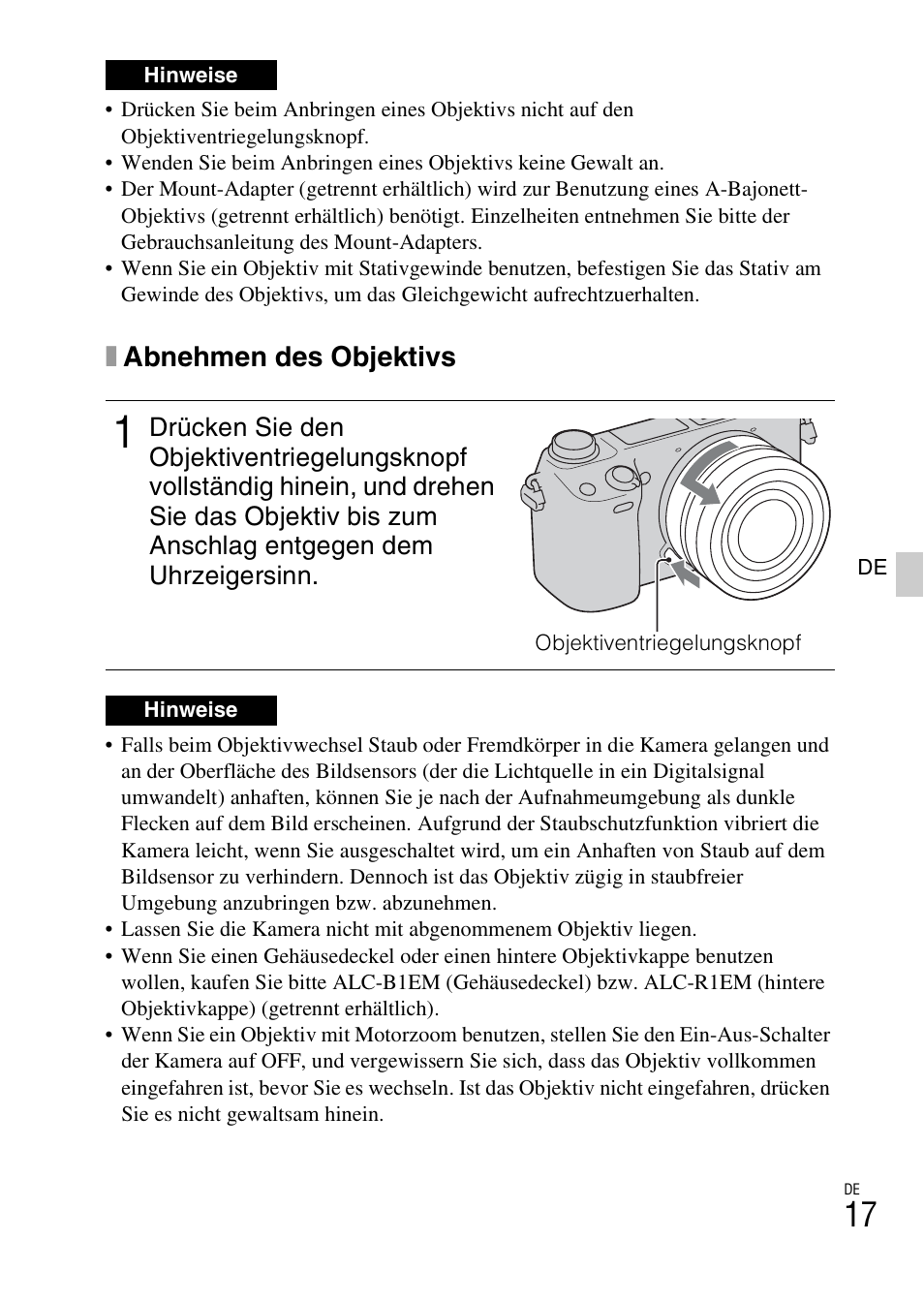 Xabnehmen des objektivs | Sony NEX-6L User Manual | Page 145 / 627