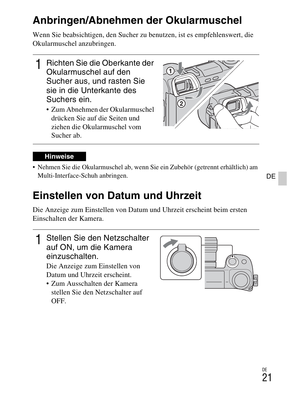 Einstellen von datum und uhrzeit, L (21), Anbringen/abnehmen der okularmuschel | Sony NEX-6L User Manual | Page 149 / 627