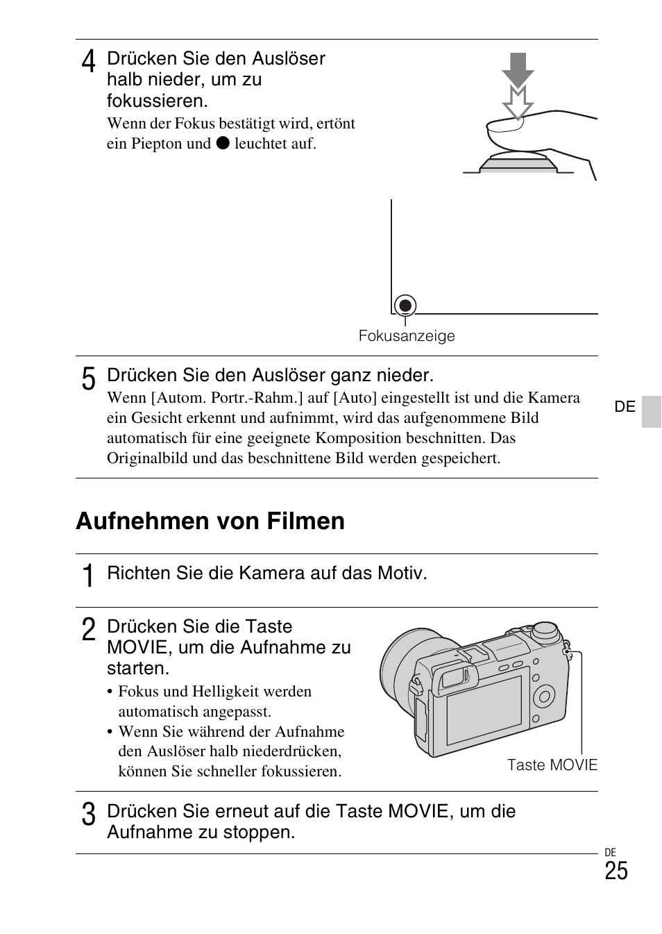 Aufnehmen von filmen, Er (25), Movie (25) | Sony NEX-6L User Manual | Page 153 / 627