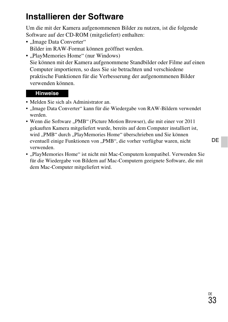 Kopieren von bildern auf den computer, Installieren der software | Sony NEX-6L User Manual | Page 161 / 627