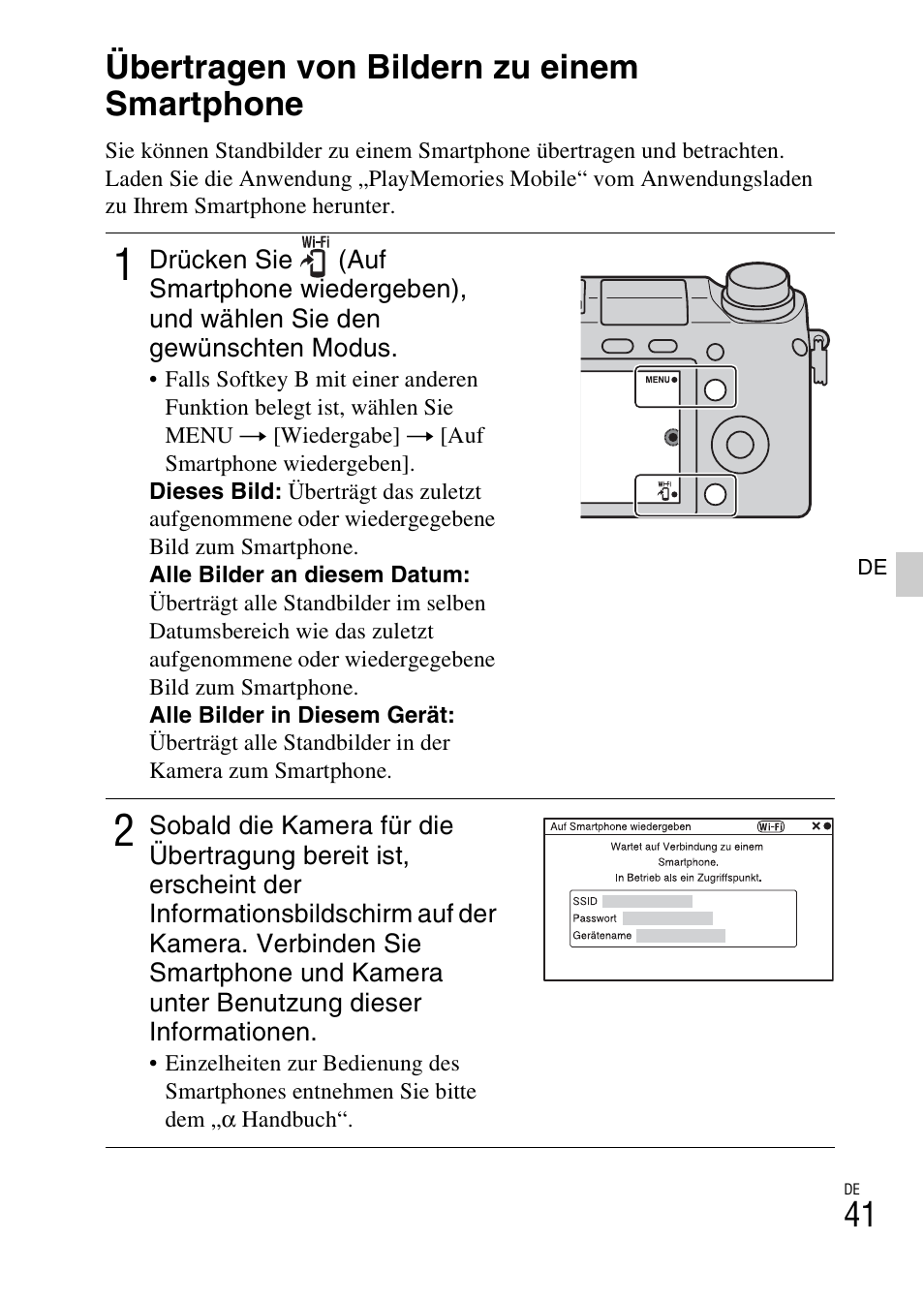 Anschließen der kamera an ein netzwerk, Übertragen von bildern zu einem smartphone | Sony NEX-6L User Manual | Page 169 / 627