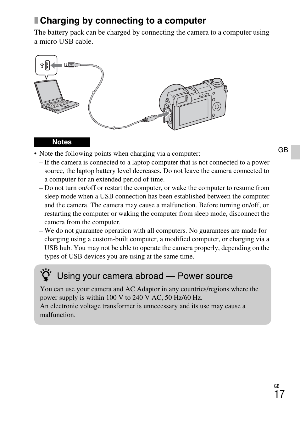 Xcharging by connecting to a computer, Using your camera abroad — power source | Sony NEX-6L User Manual | Page 17 / 627