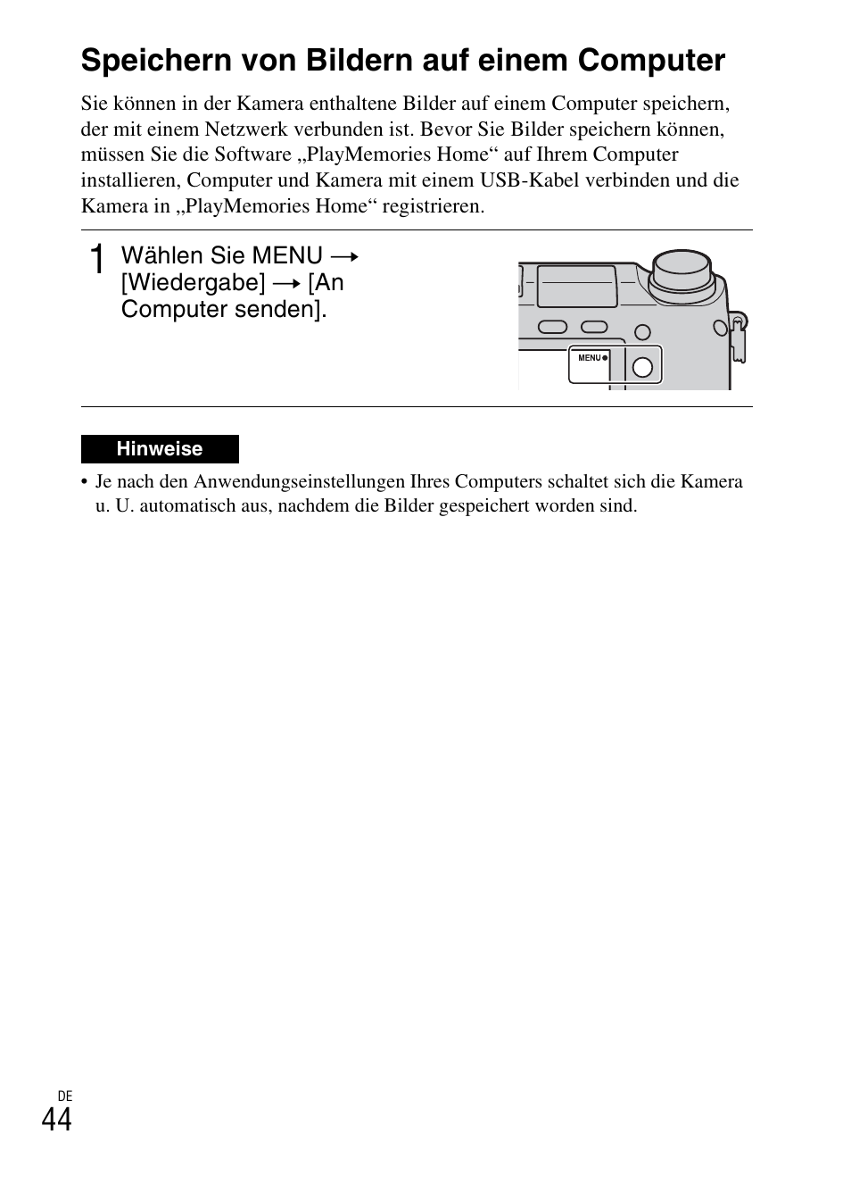 Speichern von bildern auf einem computer, 44 speichern von bildern auf einem computer | Sony NEX-6L User Manual | Page 172 / 627