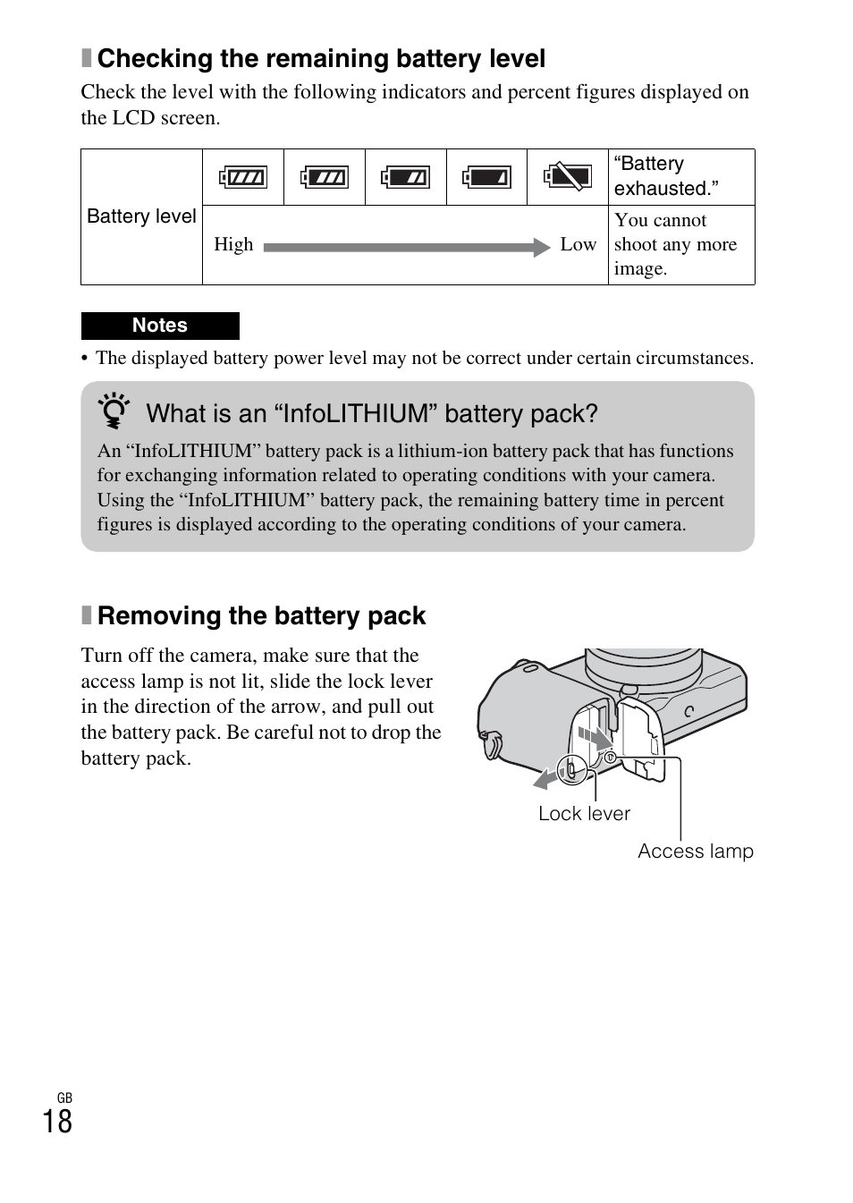 Xchecking the remaining battery level, Xremoving the battery pack, What is an “infolithium” battery pack | Sony NEX-6L User Manual | Page 18 / 627