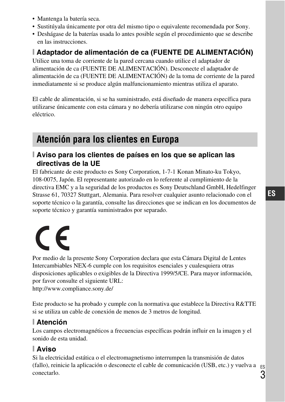 Atención para los clientes en europa | Sony NEX-6L User Manual | Page 195 / 627