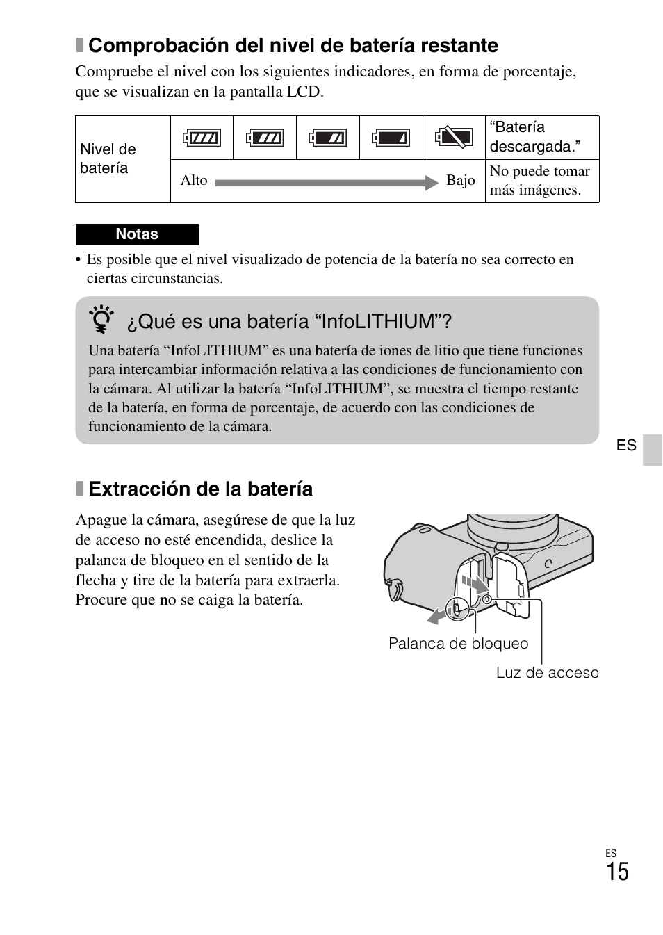 Xcomprobación del nivel de batería restante, Xextracción de la batería, Qué es una batería “infolithium | Sony NEX-6L User Manual | Page 207 / 627