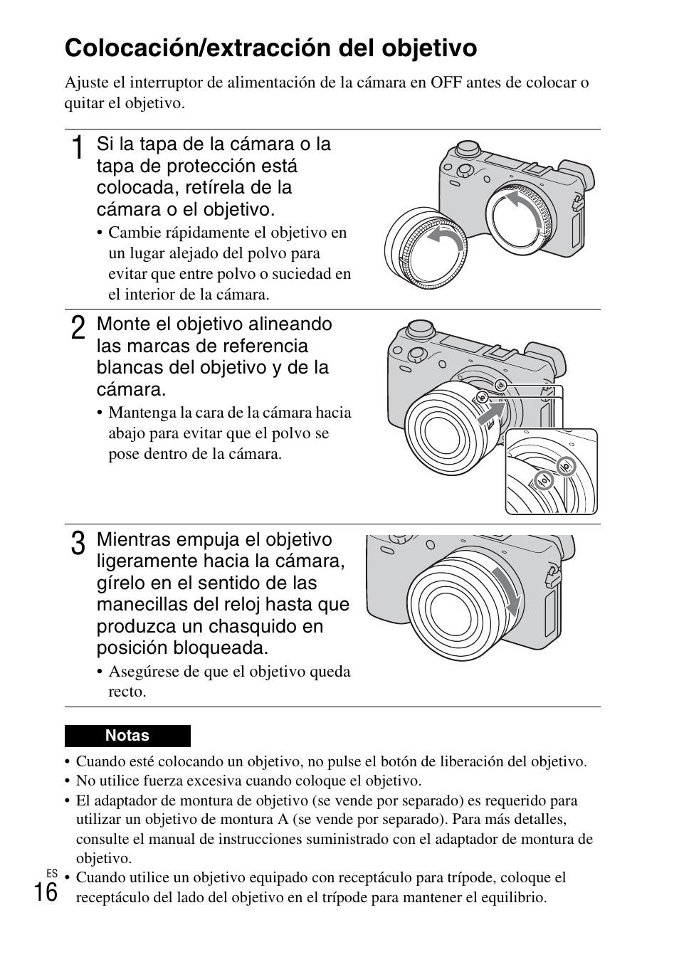 Colocación/extracción del objetivo, 16 colocación/extracción del objetivo | Sony NEX-6L User Manual | Page 208 / 627