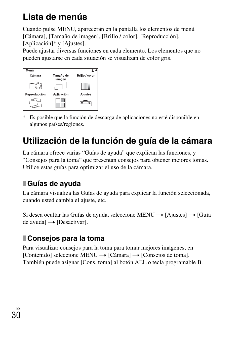 Lista de menús, Utilización de la función de guía de la cámara, 30 lista de menús | Sony NEX-6L User Manual | Page 222 / 627