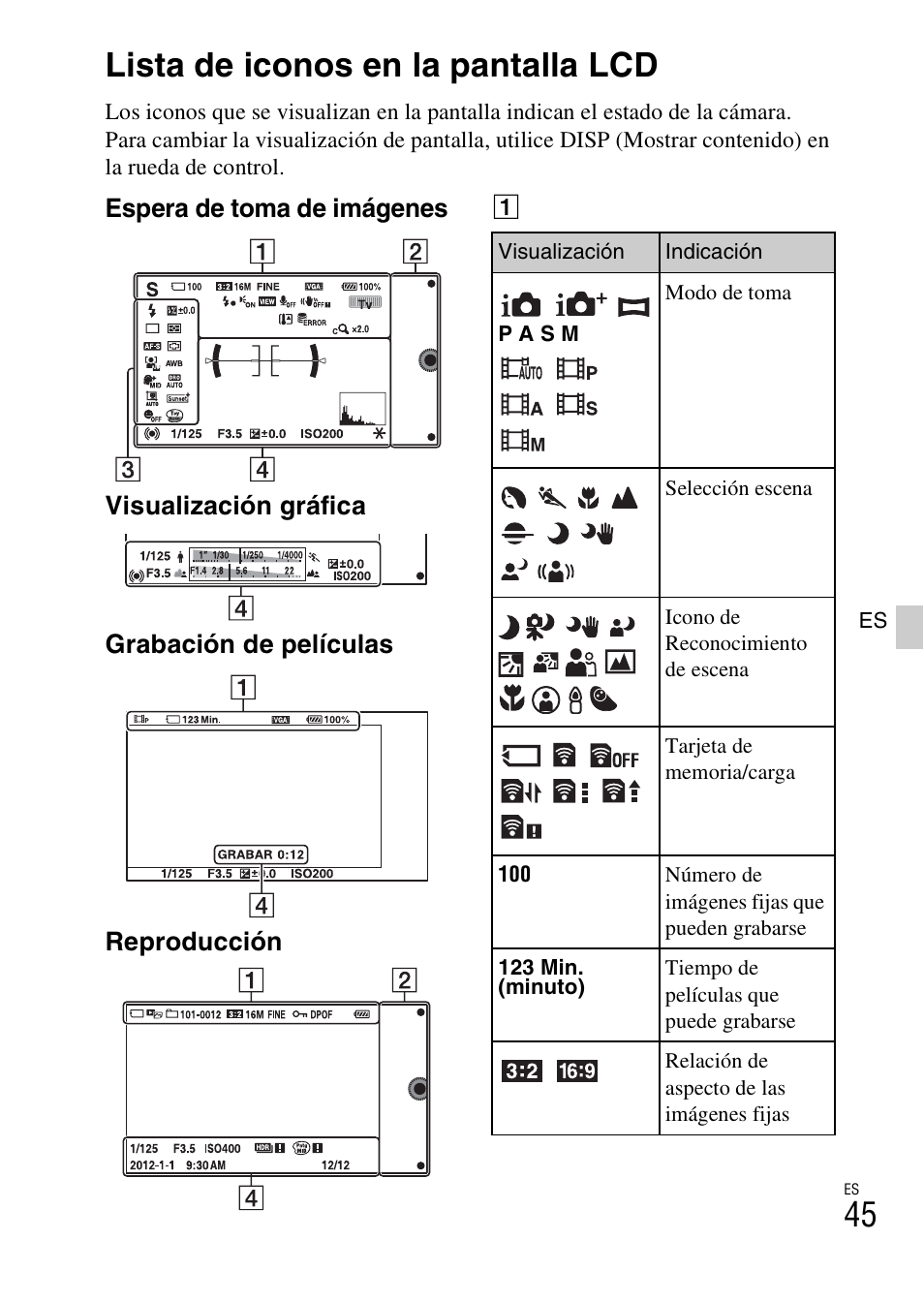 Lista de iconos en la pantalla lcd | Sony NEX-6L User Manual | Page 237 / 627