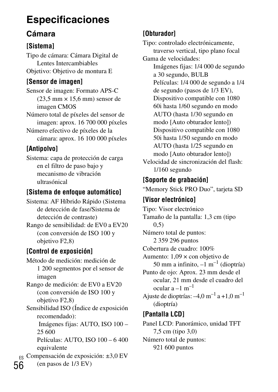 Especificaciones, 56 especificaciones, Cámara | Sony NEX-6L User Manual | Page 248 / 627