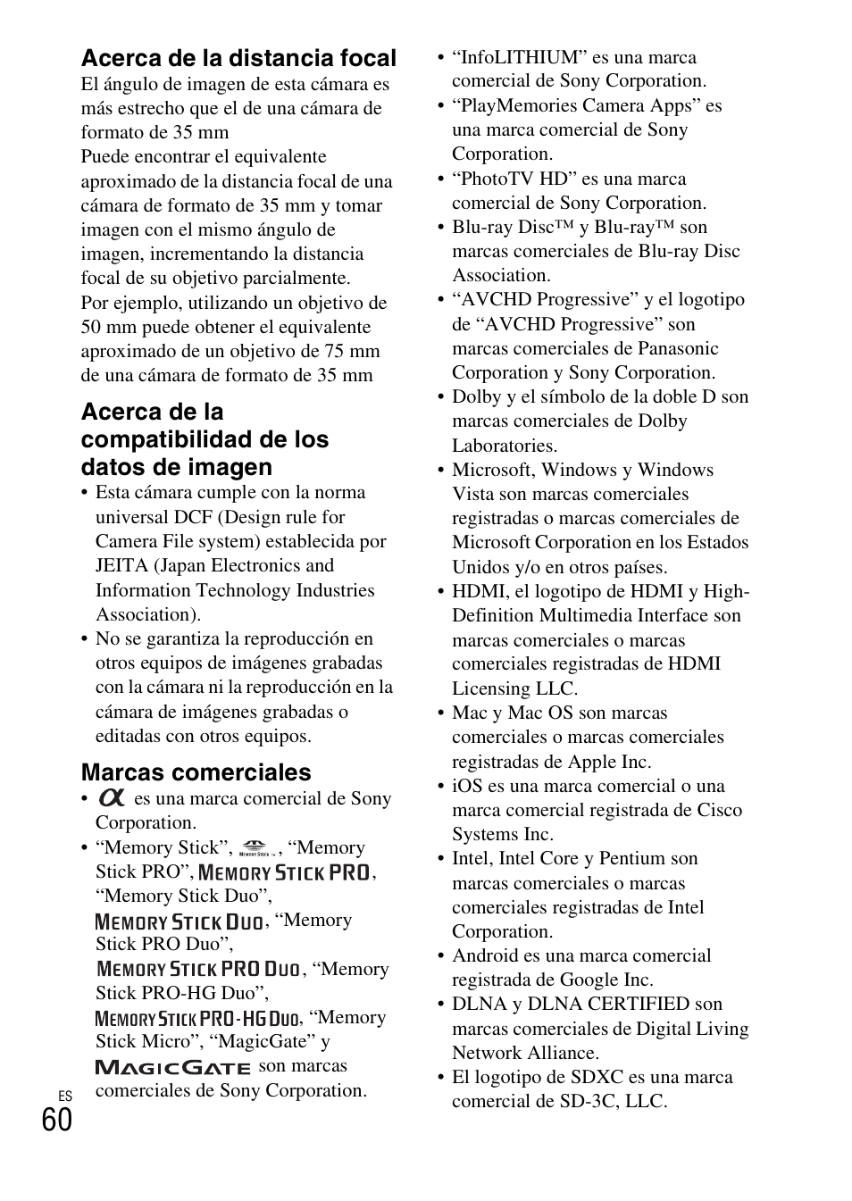 Acerca de la distancia focal, Acerca de la compatibilidad de los datos de imagen, Marcas comerciales | Sony NEX-6L User Manual | Page 252 / 627