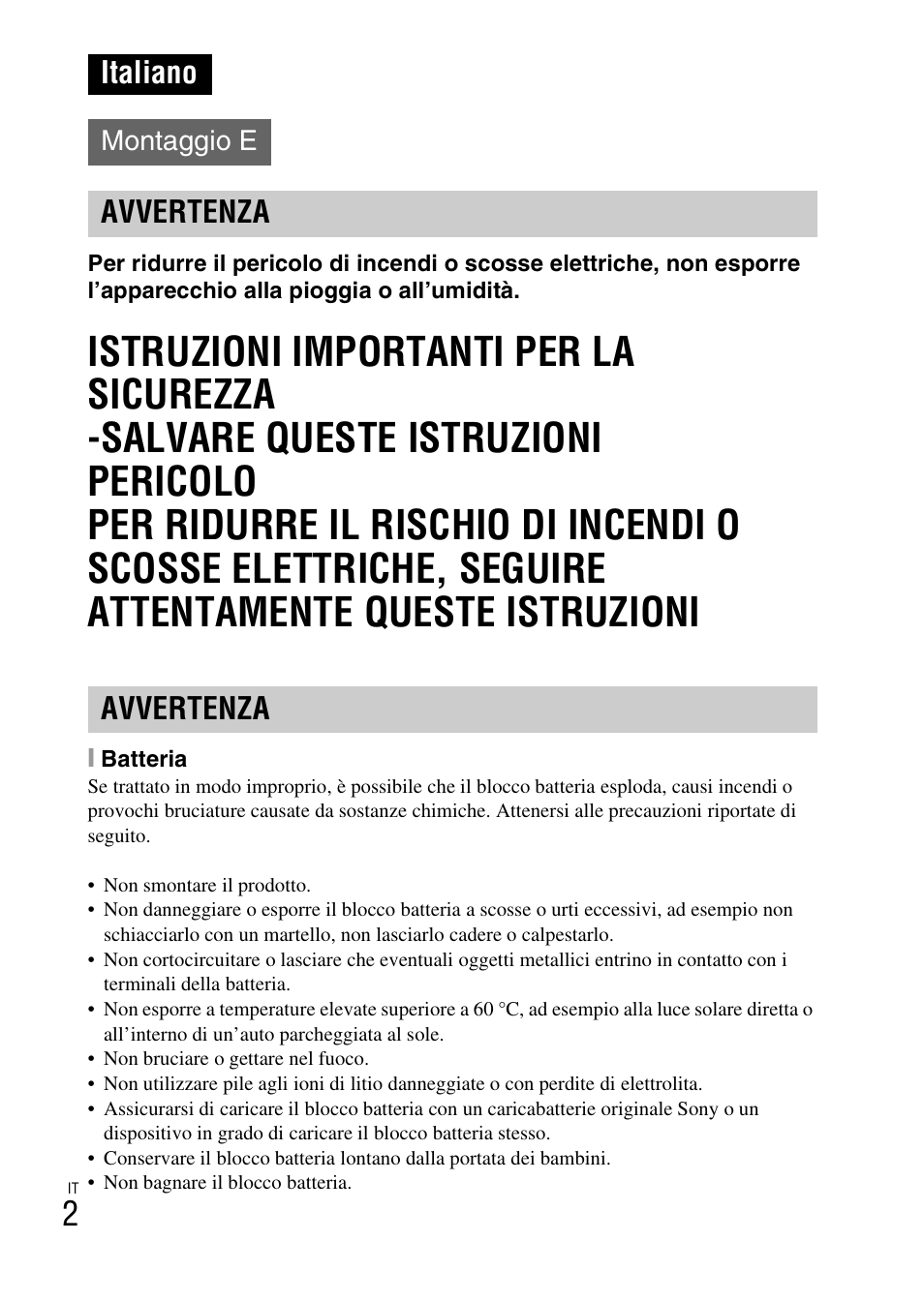 Italiano, Avvertenza, Montaggio e | Sony NEX-6L User Manual | Page 254 / 627