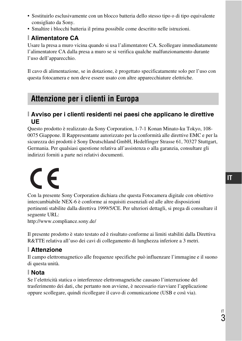 Attenzione per i clienti in europa | Sony NEX-6L User Manual | Page 255 / 627