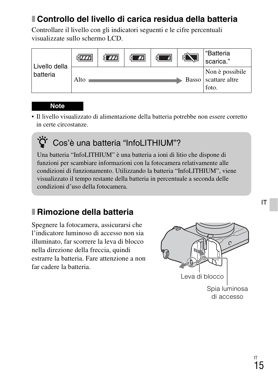 Xrimozione della batteria, Cos’è una batteria “infolithium | Sony NEX-6L User Manual | Page 267 / 627