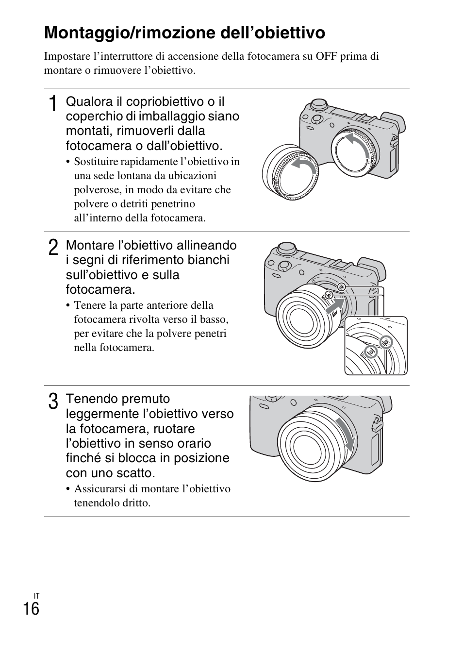 Montaggio/rimozione dell’obiettivo, Vo (16), 16 montaggio/rimozione dell’obiettivo | Sony NEX-6L User Manual | Page 268 / 627