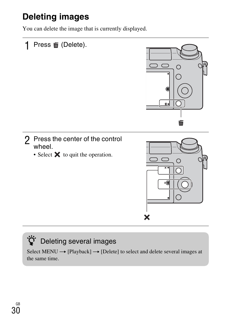 Deleting images, 30 deleting images | Sony NEX-6L User Manual | Page 30 / 627