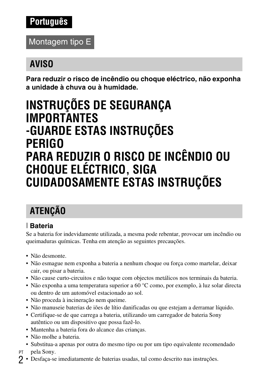 Português, Aviso atenção, Montagem tipo e | Sony NEX-6L User Manual | Page 318 / 627