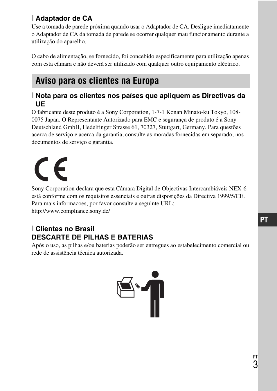 Aviso para os clientes na europa | Sony NEX-6L User Manual | Page 319 / 627