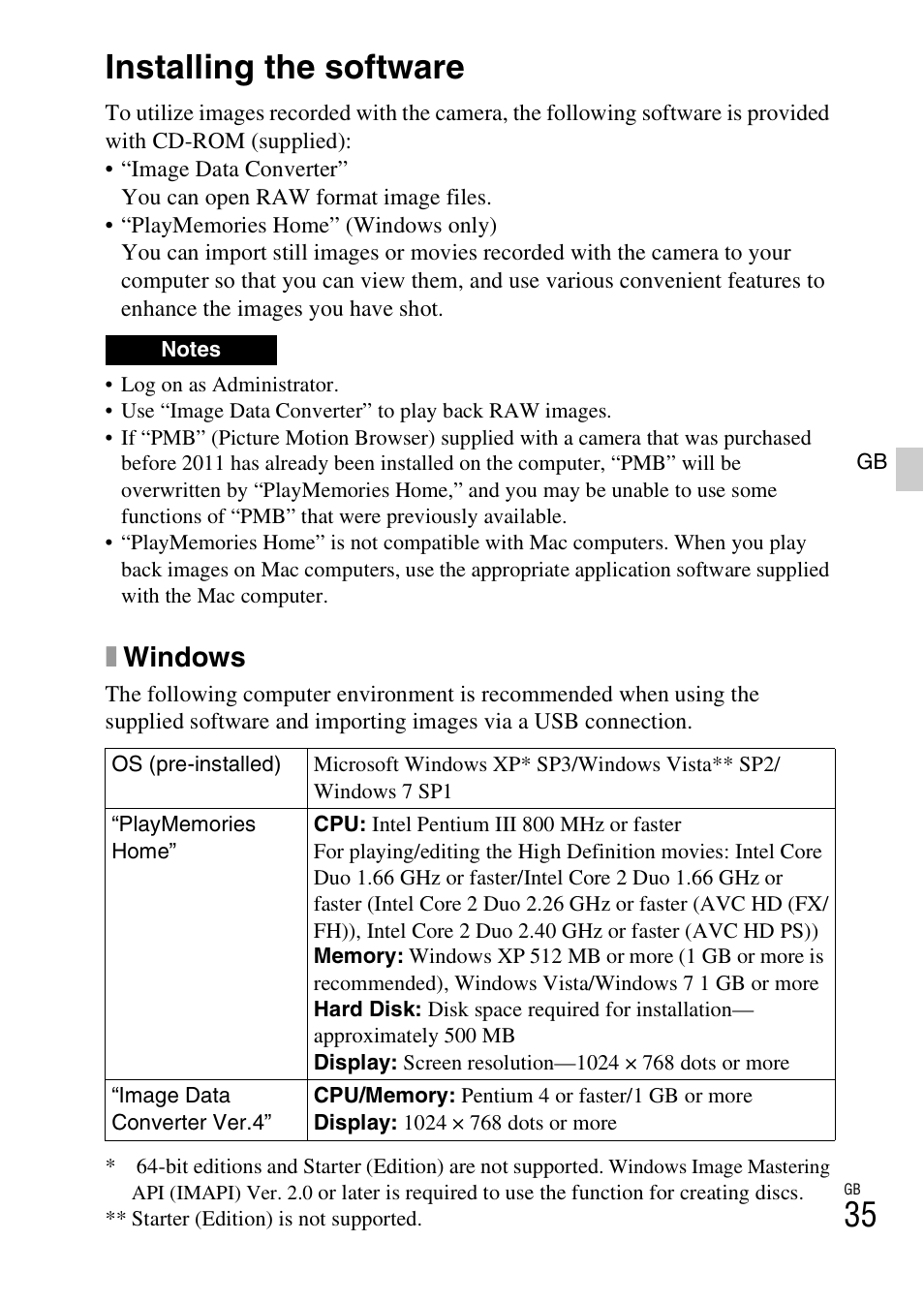 Importing images to the computer, Installing the software, Xwindows | Sony NEX-6L User Manual | Page 35 / 627