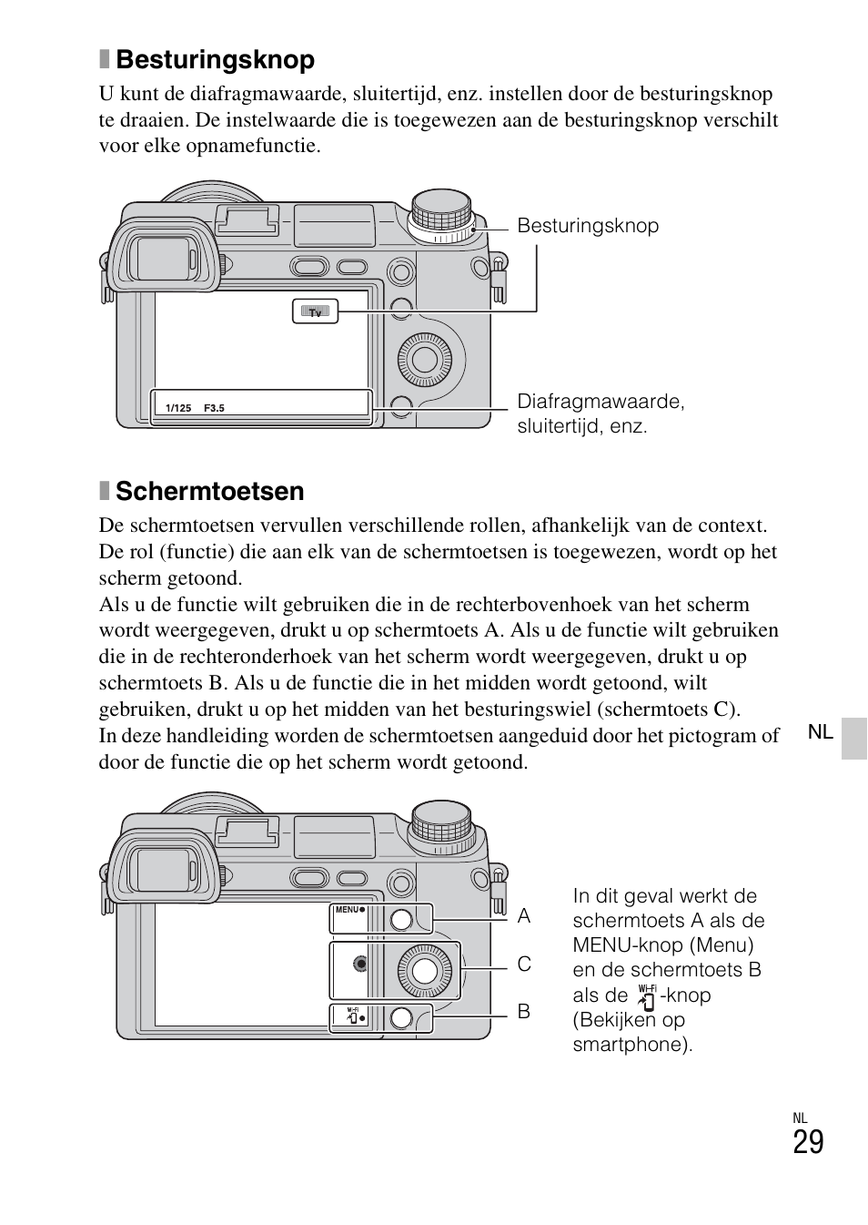 P (29), C (29), B (29) | Xbesturingsknop, Xschermtoetsen | Sony NEX-6L User Manual | Page 407 / 627