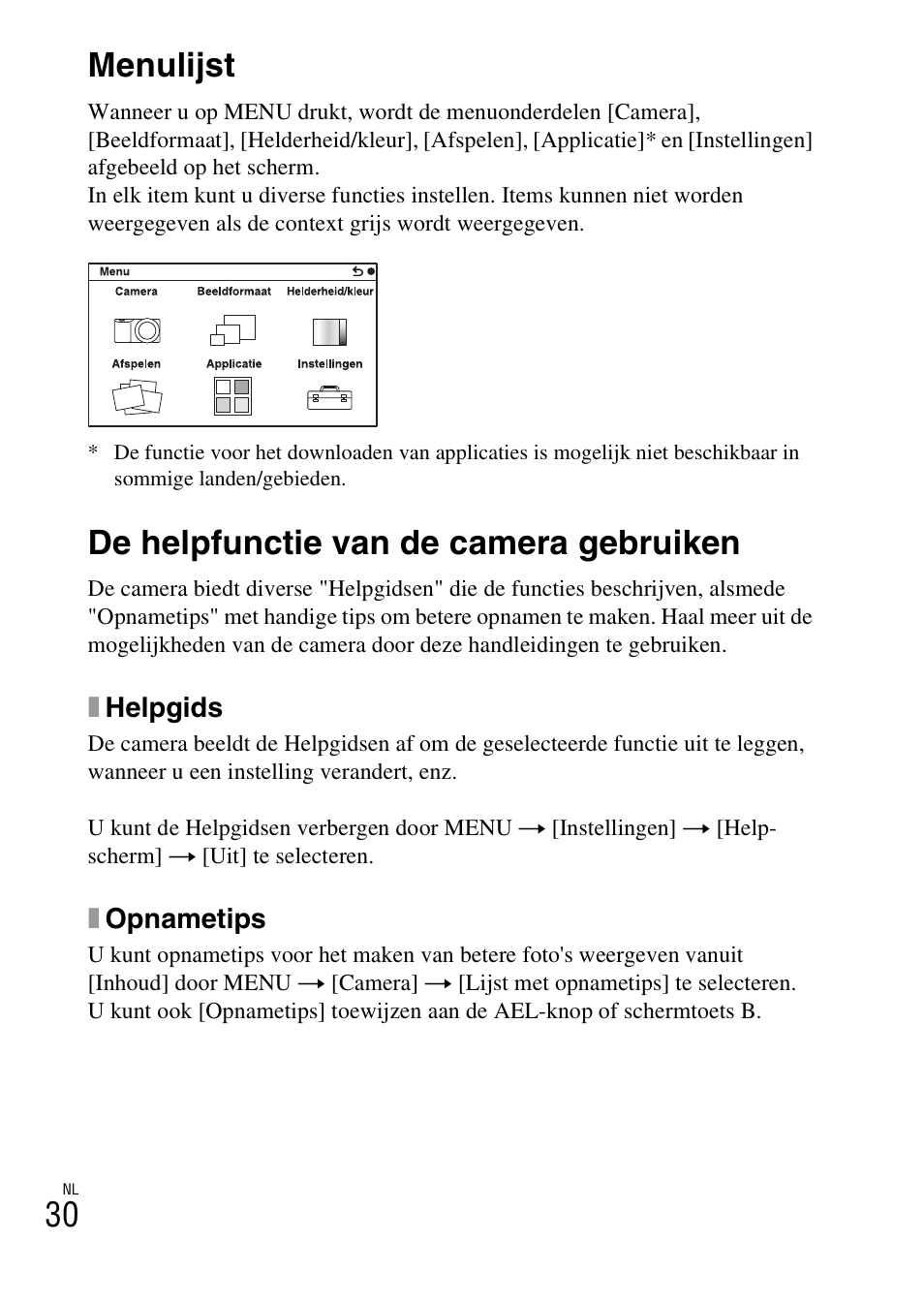 Menulijst, 30 menulijst, De helpfunctie van de camera gebruiken | Sony NEX-6L User Manual | Page 408 / 627