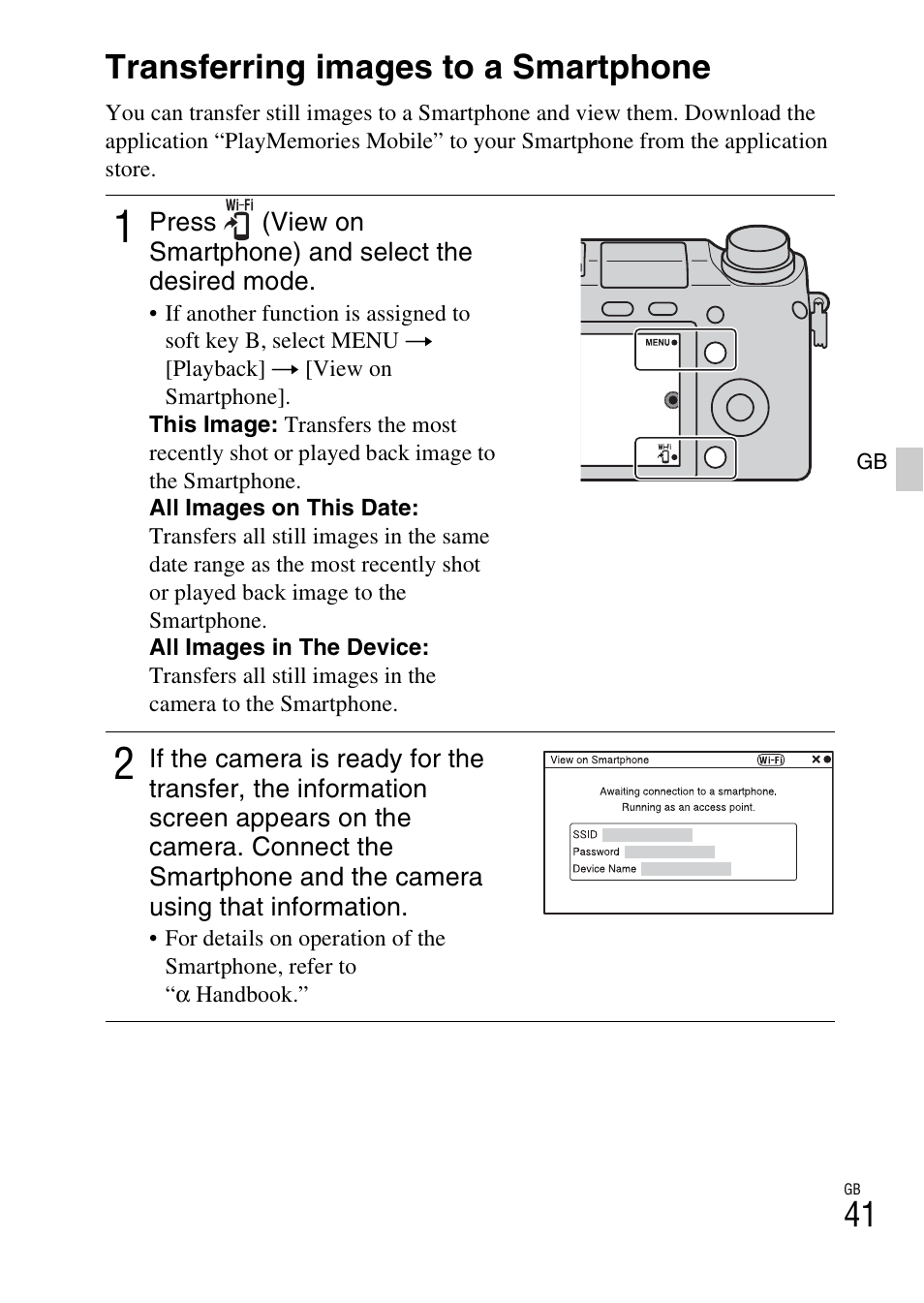 Connecting the camera to a network, Transferring images to a smartphone | Sony NEX-6L User Manual | Page 41 / 627