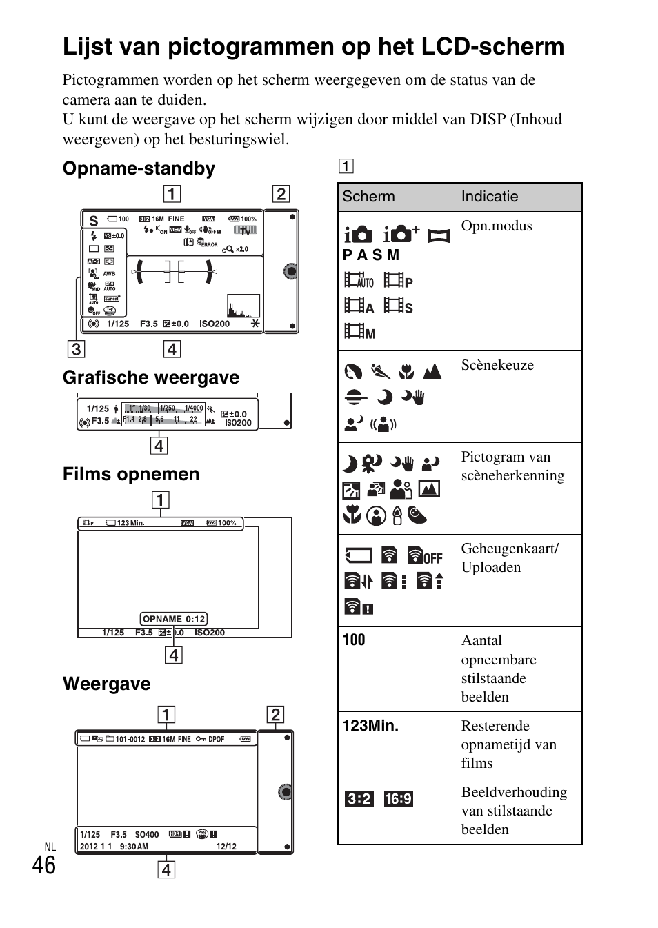 Lijst van pictogrammen op het lcd-scherm, 46 lijst van pictogrammen op het lcd-scherm | Sony NEX-6L User Manual | Page 424 / 627