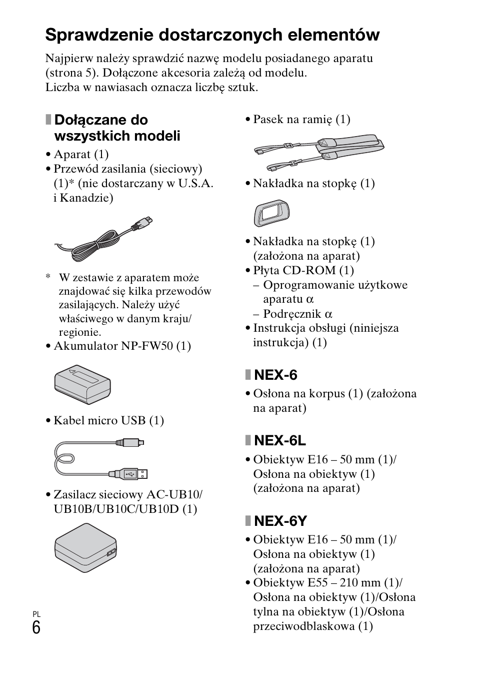 Przygotowanie aparatu, Sprawdzenie dostarczonych elementów, Xdołączane do wszystkich modeli | Xnex-6, Xnex-6l, Xnex-6y | Sony NEX-6L User Manual | Page 444 / 627