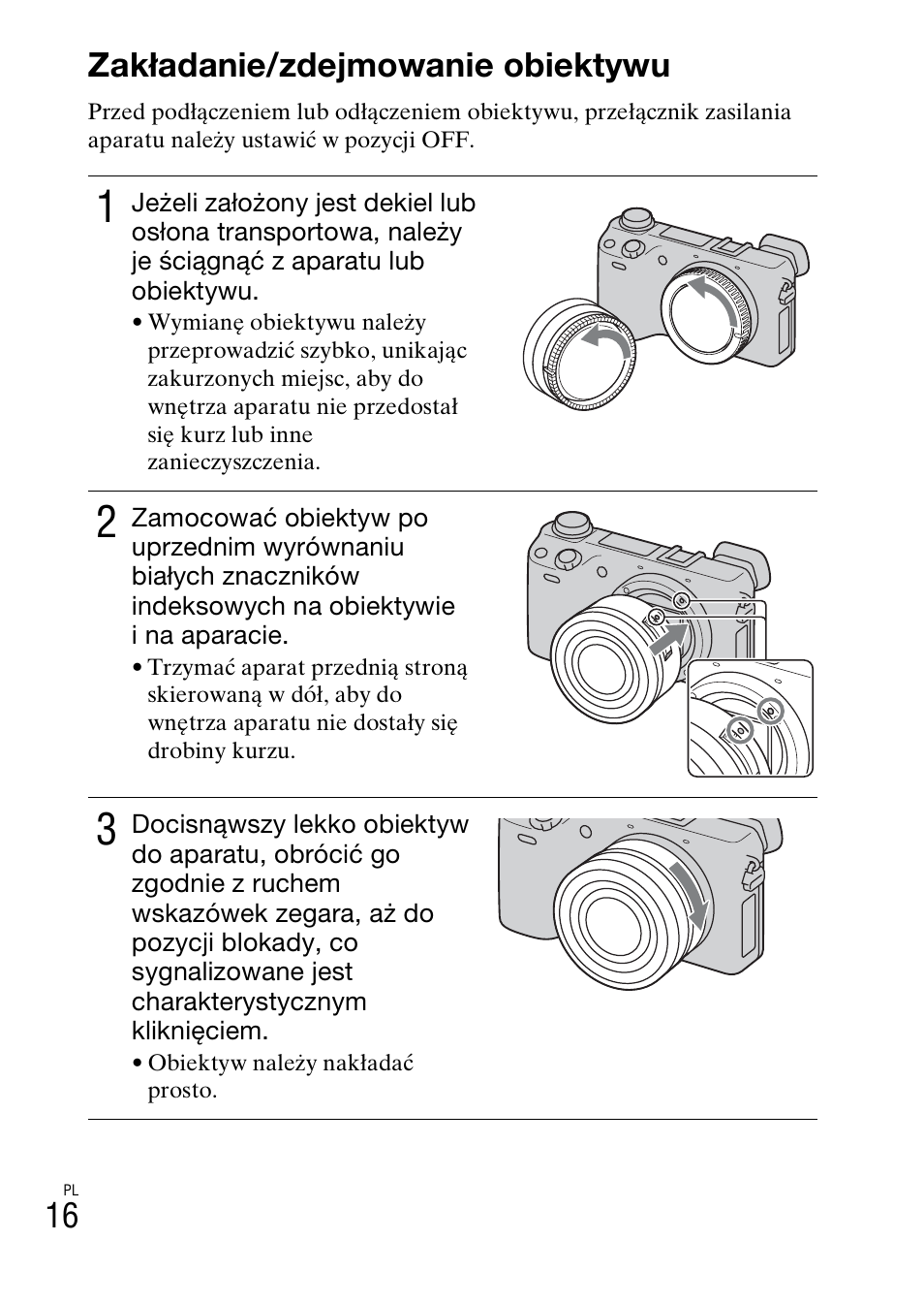 Zakładanie/zdejmowanie obiektywu, 16 zakładanie/zdejmowanie obiektywu | Sony NEX-6L User Manual | Page 454 / 627