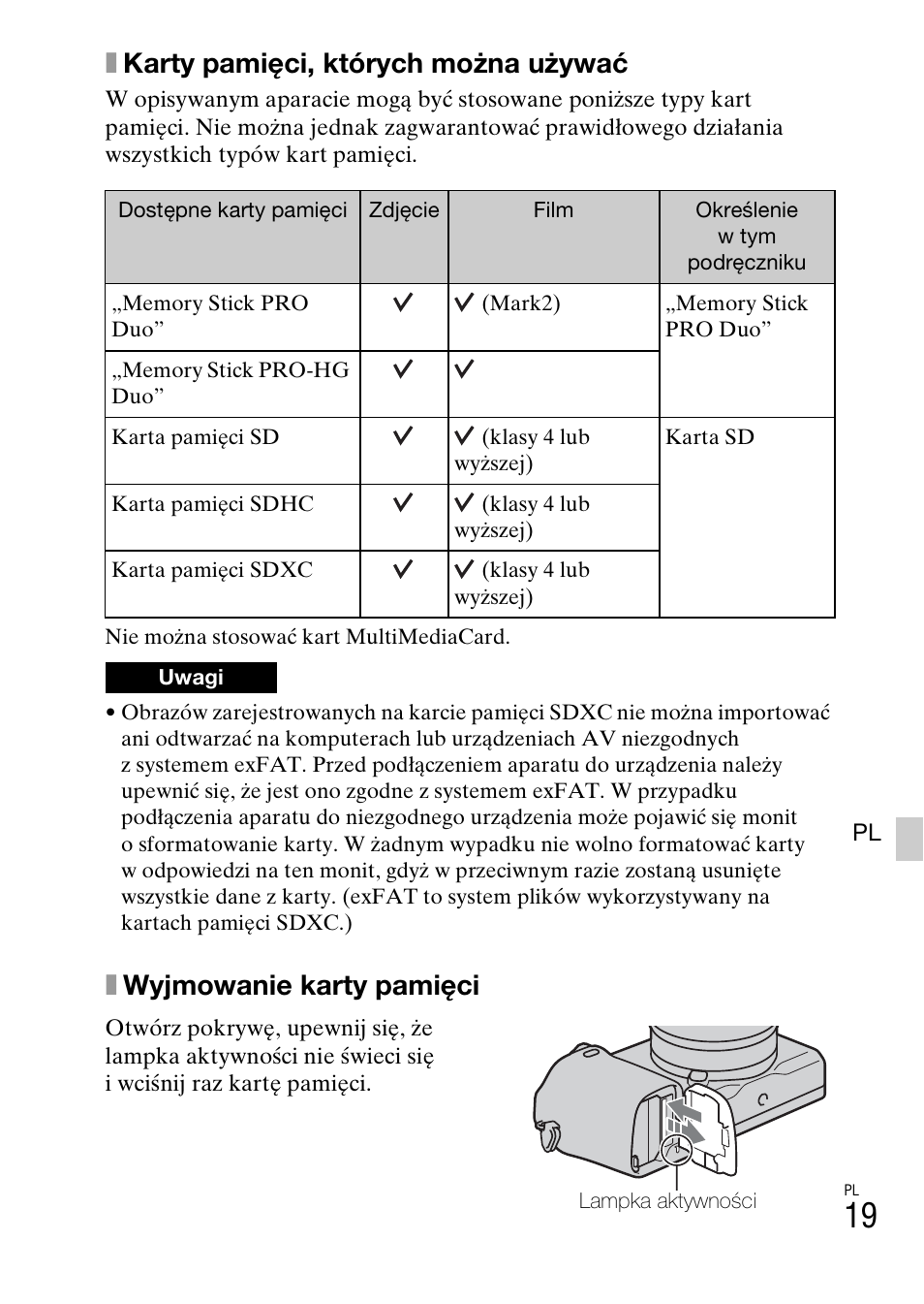 Xkarty pamięci, których można używać, Xwyjmowanie karty pamięci | Sony NEX-6L User Manual | Page 457 / 627