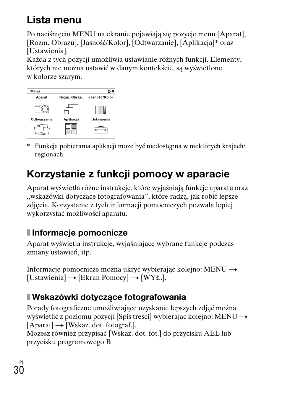 Lista menu, 30 lista menu, Korzystanie z funkcji pomocy w aparacie | Sony NEX-6L User Manual | Page 468 / 627