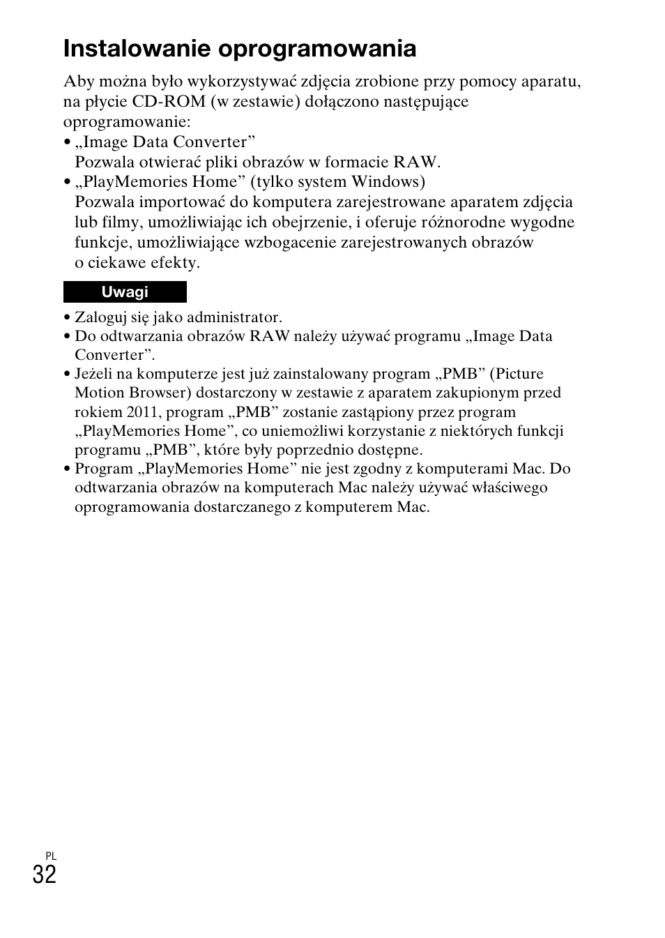 Importowanie obrazów do komputera, Instalowanie oprogramowania | Sony NEX-6L User Manual | Page 470 / 627