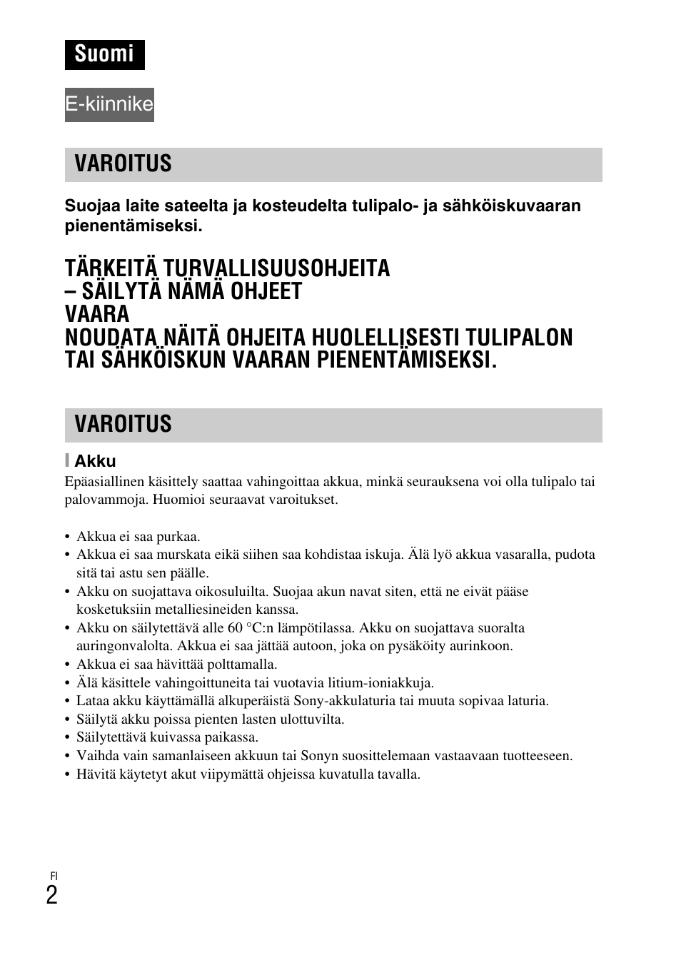 Suomi, Varoitus, E-kiinnike | Sony NEX-6L User Manual | Page 532 / 627