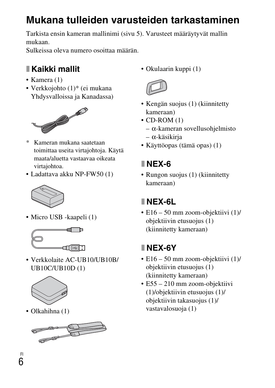 Kameran valmistelu, Mukana tulleiden varusteiden tarkastaminen, Xkaikki mallit | Xnex-6, Xnex-6l, Xnex-6y | Sony NEX-6L User Manual | Page 536 / 627