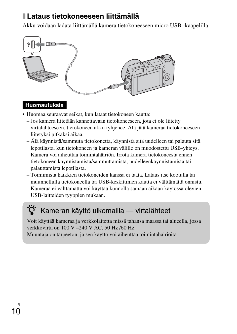 Xlataus tietokoneeseen liittämällä, Kameran käyttö ulkomailla — virtalähteet | Sony NEX-6L User Manual | Page 540 / 627